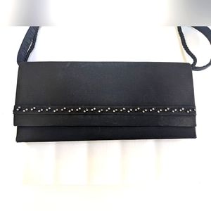 New Black Satin Clutch with Rhinestone Detail and 2 Separate Handle Options